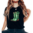 thumbnail image 1 of Women Print Tshirt Graphic Tees Shirts Black St Patricks Day Bright Green Cowboy Boots Shamrock Bow Festive Casual Tops S-5XL, 1 of 5