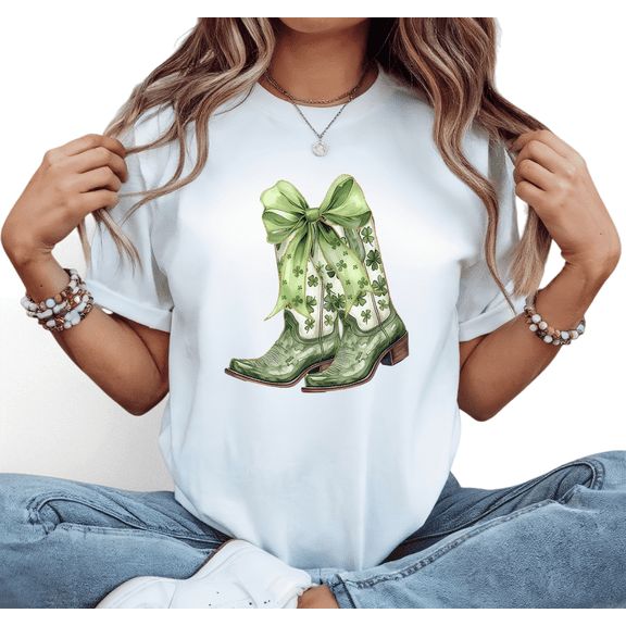 Women Print Tshirt Graphic Tees Shirts White St Patricks Day Green Cowboy Boots Clover Bow Holiday Trendy Stylish Tops S-5XL