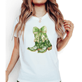 thumbnail image 1 of Women Print Tshirt Graphic Tees Shirts White St Patricks Day Watercolor Green Cowboy Boots Clover Bow Stylish Casual Tops S-5XL, 1 of 4