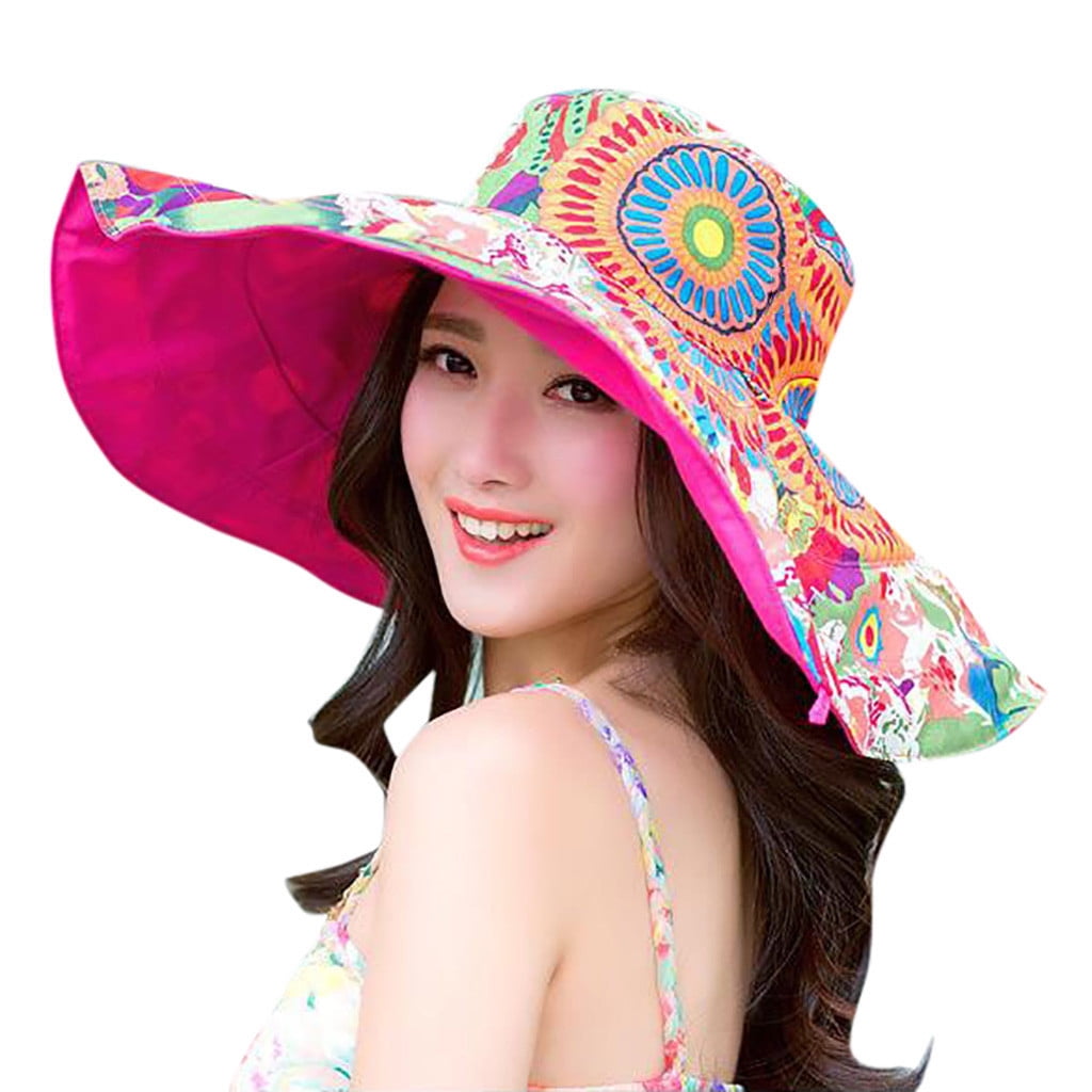 Women Print Two-Side Big Brim Straw Hat Sun Floppy Wide Brim Hats Beach ...