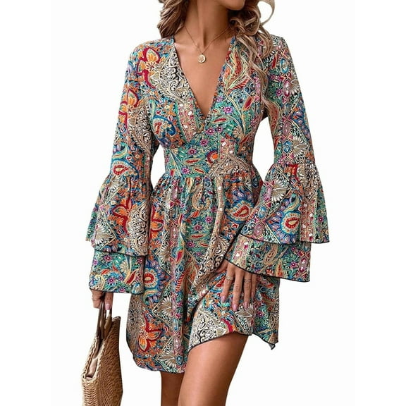 Women Print Wrap Boho V Neck Short Flared Sleeve Elastic Waist Drawstring Flowy Mini Dress Color Pattern L