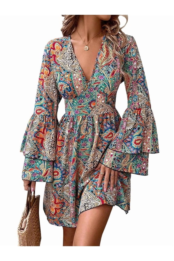 Women Print Wrap Boho V Neck Short Flared Sleeve Elastic Waist Drawstring Flowy Mini Dress Color Pattern L