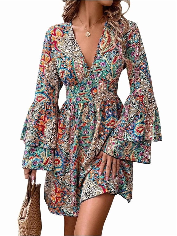 Women Print Wrap Boho V Neck Short Flared Sleeve Elastic Waist Drawstring Flowy Mini Dress Color Pattern L