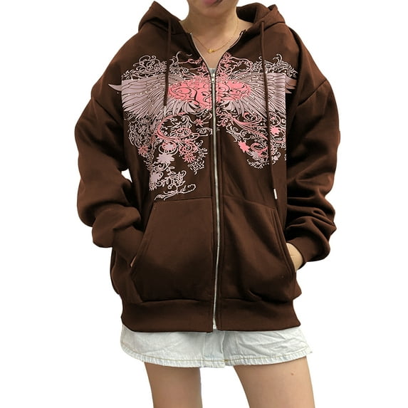 Women Print Zip Up Hoodie Vintage Graphic Aesthetic Sweatshirt Y2k Couple Jacket Couple Top