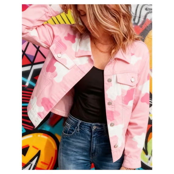Women Printed Denim Jacket, Casual Button‑Down Short Layering Coat for Spring & Autumn