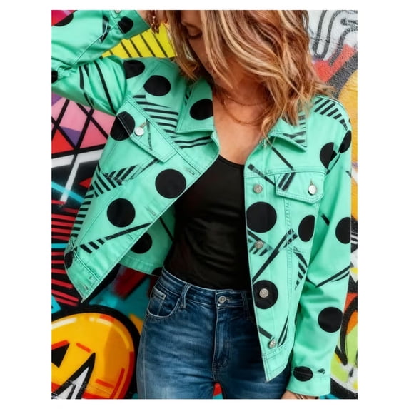 Women Printed Denim Jacket, Casual Button‑Down Short Layering Coat for Spring & Autumn