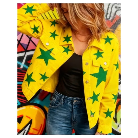 Women Printed Denim Jacket, Casual Button‑Down Short Layering Coat for Spring & Autumn