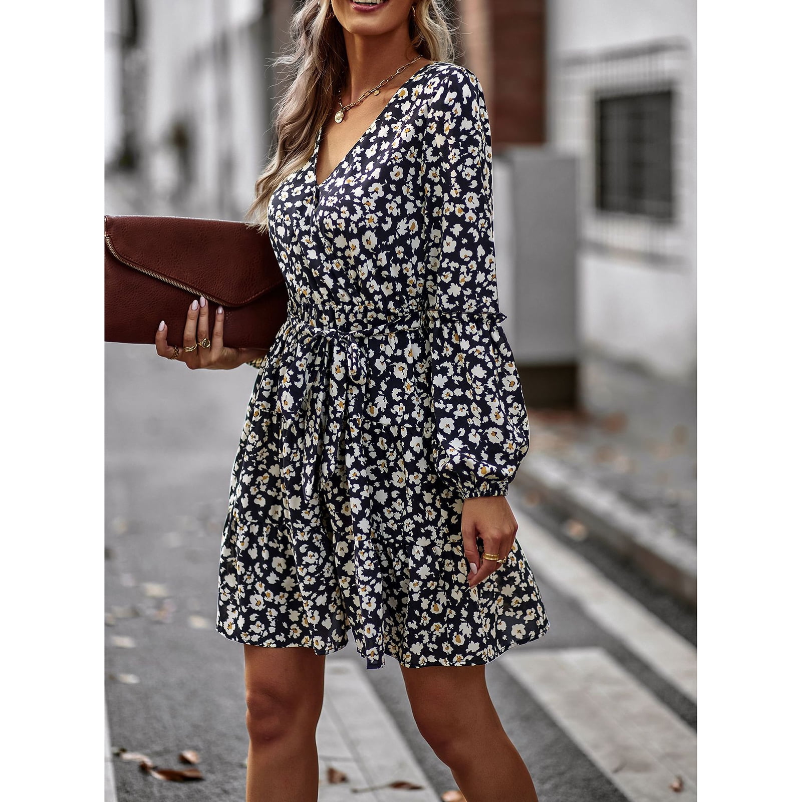 Women Printed Dress V Neck Long Sleeve A Line Mid Rise Tie