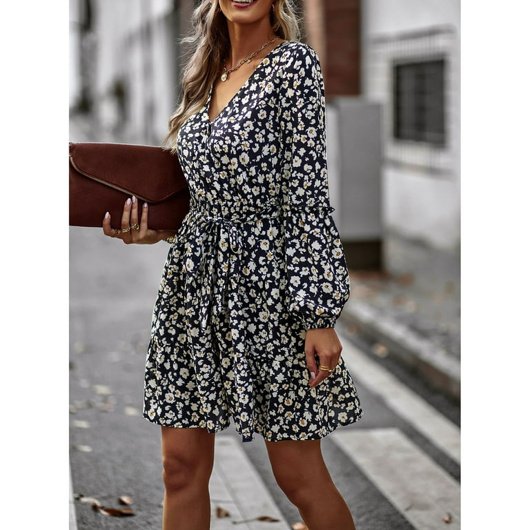 【極美品✨】Winter Floral Long-sleeve Dress Floral Print Mid Length Dress Long Sleeve Vintage Dresses