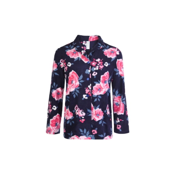 Women Printed Fleece Pajama Top, Floral/Navy, Large, 1 Piece