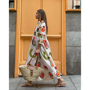 Women Printed Floral Shirt Dress 2024 Casual Lapel Long Sleeve Single Breasted Maxi Dresses Fashion Vacation Lady Street Robes