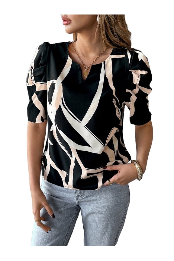 Deliqiba Women Printed Peplum Top for Women'S Flutter Sleeves Elastic V Neck Blouse Black Color XL
