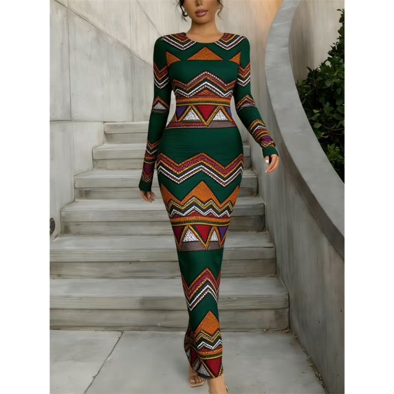 Women Printed Round Neck Long Sleeve Bodycon Maxi Dress