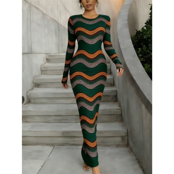 Women Printed Round Neck Long Sleeve Bodycon Maxi Dress