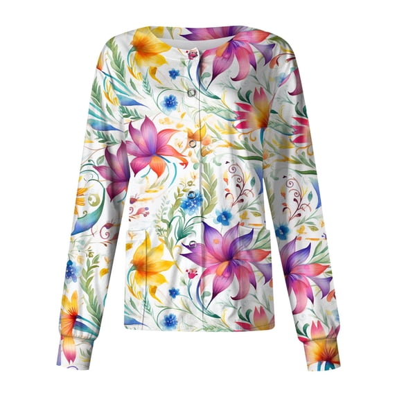 Women Printed Scrub Jacket Long Sleeve Snap Front Round Neck Vibrant Watercolor Lily Floral Print Nursing Cardigan Jacket Two Side Pockets Medical Scrub Warm Up Jacket