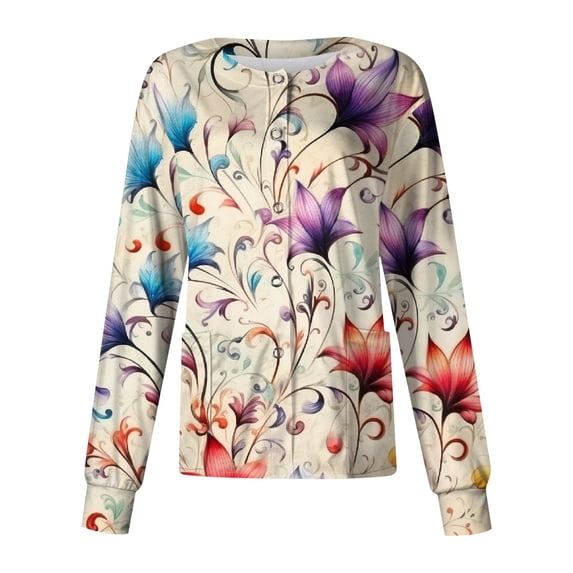 Women Printed Scrub Jacket Long Sleeve Snap Front Round Neck Vintage Purple Red Vine Floral Print Nursing Cardigan Jacket Two Side Pockets Medical Scrub Warm Up Jacket