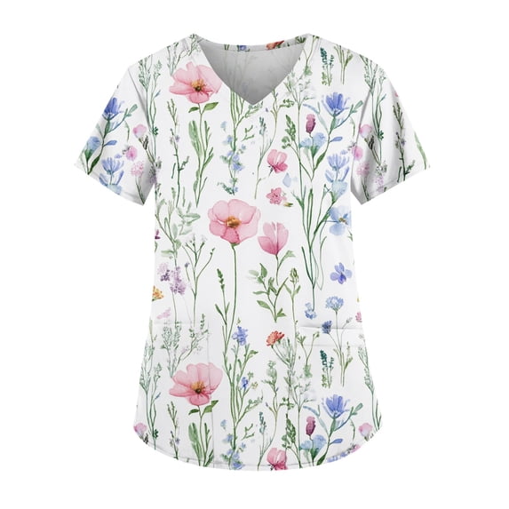 Women Printed Scrub Top Short Sleeve V Neck White Watercolor Wildflower Print Nursing Uniform Top Two Side Pockets Medical V Neck Scrub Shirt