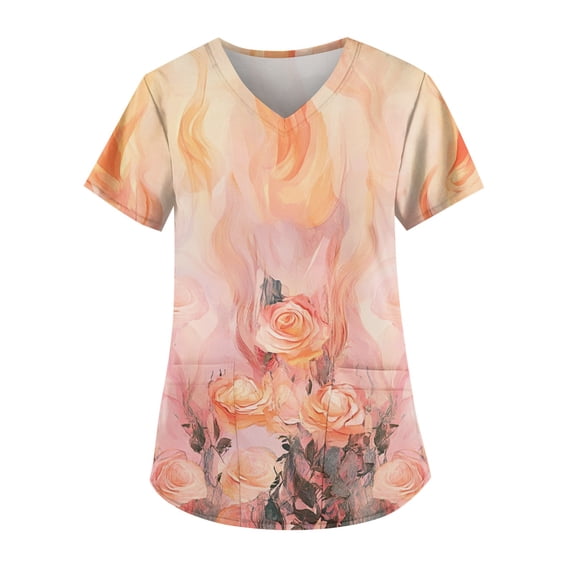 Women Printed Scrub Top Women V Neck Short Sleeve Warm Tone Watercolor Rose Print Nursing Scrubs Two Pockets Medical Uniform Top