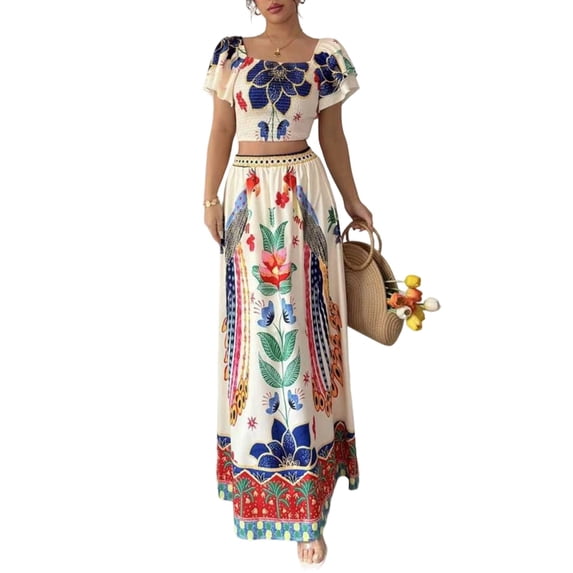 Women Printed Skirt Outfits Floral Halter Crop Top A Line Maxi Skirt Casual Going Out Sets Flower Color XL