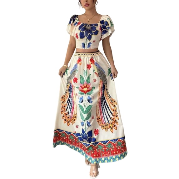 Women Printed Skirt Outfits Floral Halter Crop Top A Line Maxi Skirt Casual Going Out Sets Flower Color XXL