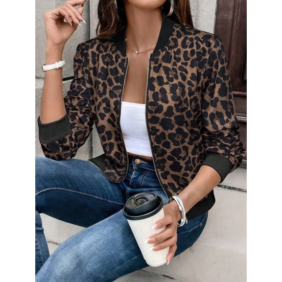 Women Printed Zip Up Bomber Jacket Long Sleeve Stand Collar Casual Daily Outerwear