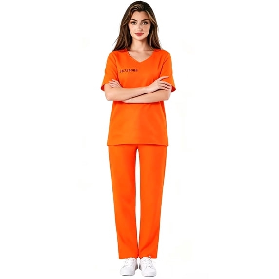 Women Prisoner Costume Number Print Short Sleeve Tops Pants Inmate Outfit Set for Halloween Cosplay