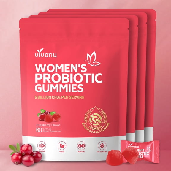 Women Probiotic Gummies, 3 In 1 Feminine Probiotics Cranberry, 5 Billion CFUs | Fiber | Feminine Balance Gummies for Healthy Odour, Digestive and Gut Health+Vitamin C for Immune Support - 60 Gummies