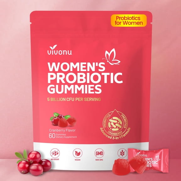 Women Probiotic Gummies, 3 In 1 Feminine Probiotics Cranberry, 5 Billion CFUs | Fiber | Feminine Balance Gummies for Healthy Odour, Digestive and Gut Health Vitamin C for Immune Support - 60 Gummies