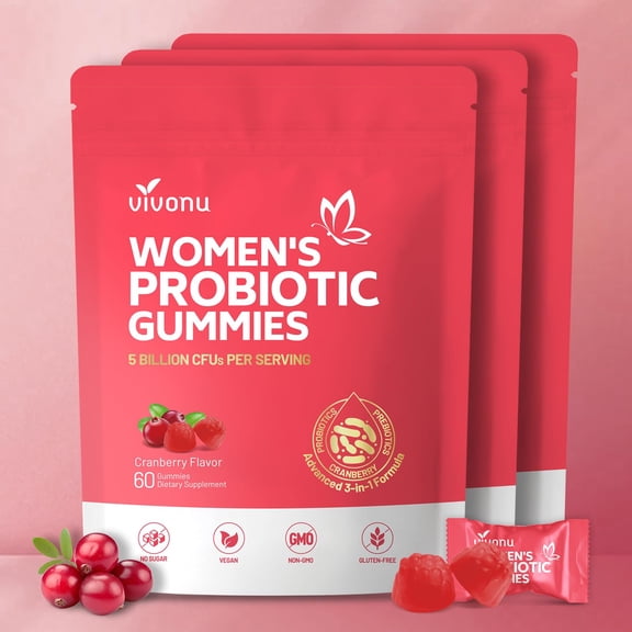 Women Probiotic Gummies, 3 In 1 Feminine Probiotics Cranberry, 5 Billion CFUs | Fiber | Feminine Balance Gummies for Healthy Odour, Digestive and Gut Health+Vitamin C for Immune Support - 60 Gummies