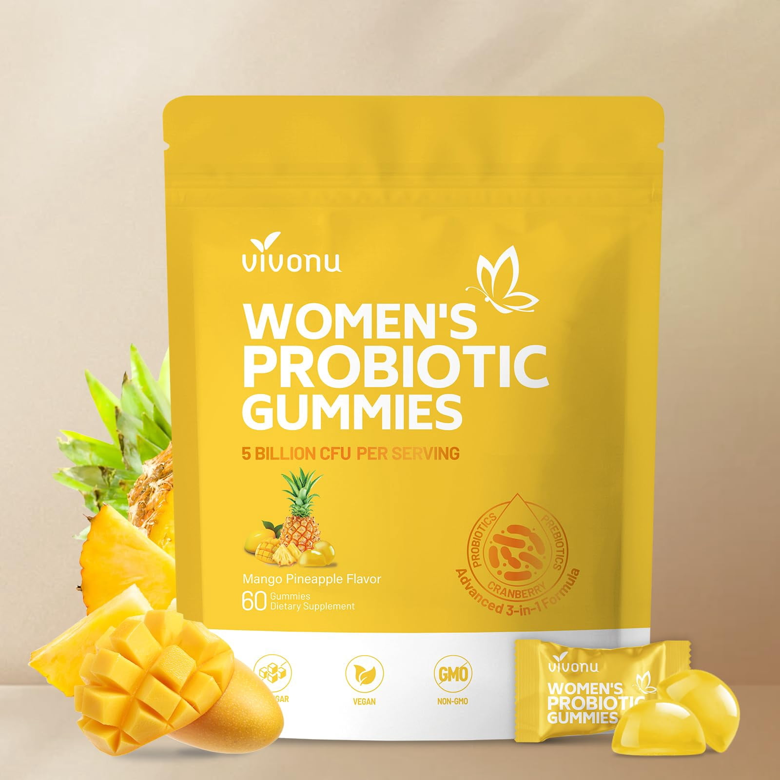 Women Probiotic Gummies, 3 In 1 Feminine Probiotics Mango & Pineapple ...