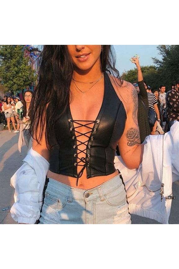 Women Pu Leather Crop Tank Tops Halter Lace Up Camisole Vest For Casual Party Festival Rave