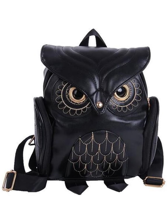 Women Pu Leather Owl Cartoon Backpacks Fashion Casual Satchel mini Small Backpack, Black