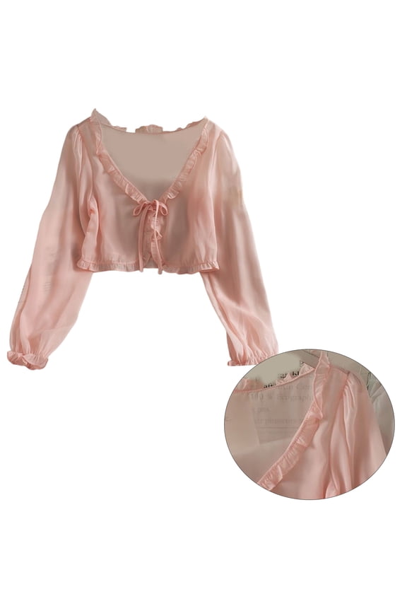 Women Puff Long Sleeve Chiffon Tie Front Cropped Cardigans Ruffle Trim Lightweight Sheer Shawl Wrap Shrug Blouses