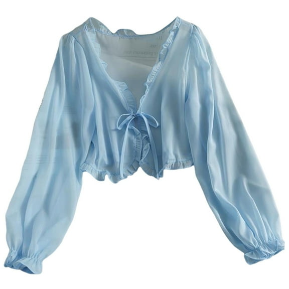 Women Puff Long Sleeve Chiffon Tie Front Cropped Cardigans Ruffle Trim Lightweight Sheer Shawl Wrap Shrug Blouses
