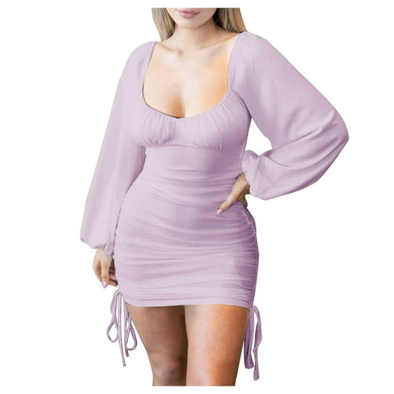 Women Puff Long Sleeve Dress Solid Color Square Neck Slim Fitted Mini Dress Drawstring Ruched Short Club Dress