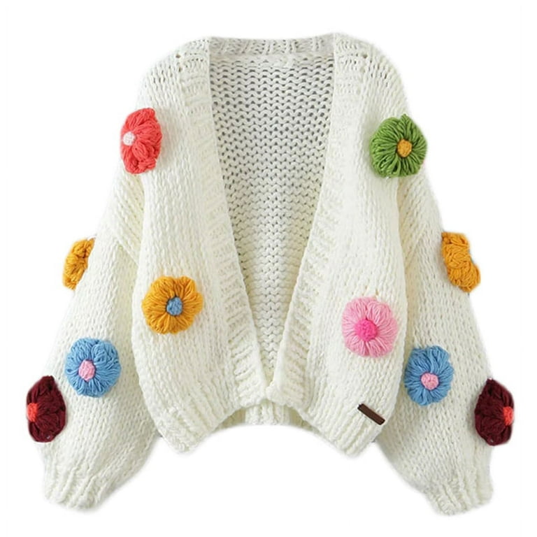 Women Puff Long Sleeve Sweater Cardigan Crochet 3D Flower Open Front Knit  Jacket 