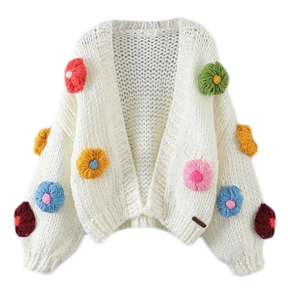 Women Puff Long Sleeve Sweater Cardigan Crochet 3D Flower Open Front Knit Jacket