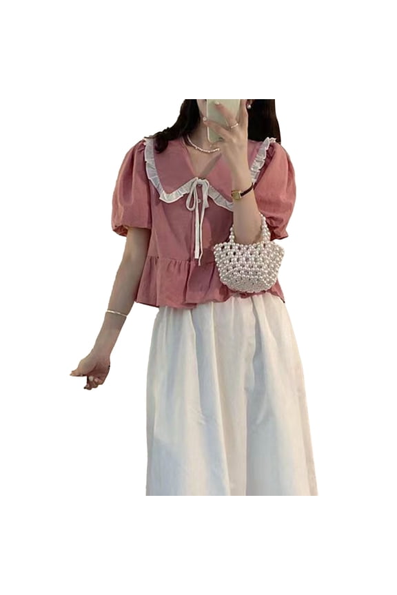 Women Puff Short Sleeve Blouse Turn Down Collar V Neck Frill Trim Ruffle Hem Tie Front Top Pink M