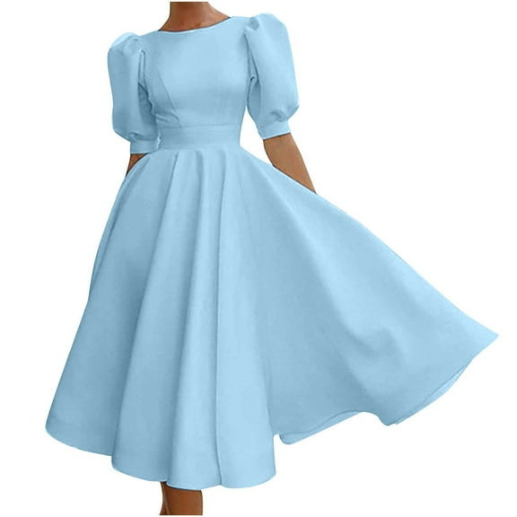 Women Puff Short Sleeve Cottagecore Dress Vintage 1950s Party Swing Dresses Retro Rockabilly Formal Tea Length Dress