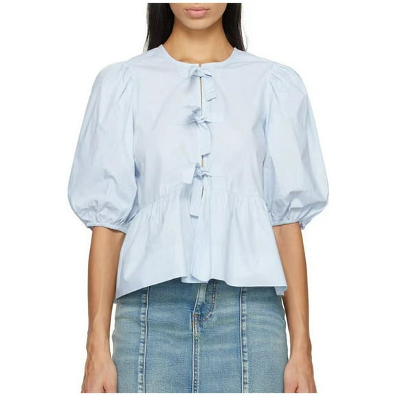 Women Puff Short Sleeve Peplum Shirt Tie Front Ruffle Hem Blouse Cute Summer Top Lace Up Design Fashionable Teen Girls Tunic