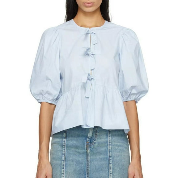 Women Puff Short Sleeve Peplum Shirts Tie Front Ruffle Hem Blouse Tops Teen Girls Lace Up Cute Summer Tops Three Quarter Sleeve Tops for Women Graphic Shirts Womens Long Sleeve Summer Tops Summer Tees