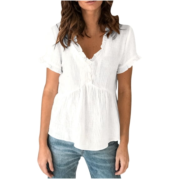 Women Puff Short Sleeve Shirts Pleated T-Shirts Tops Fashion Casual V-Neck Smocked Tunic Blouse
