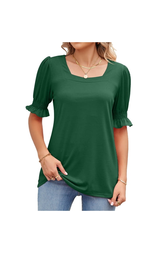 Women Puff Short Sleeve Tops Stylish Casual Loose Shirred Cuff Women Quadrate Neck Summer Shirts for Daily Work Party Dark Green XXL