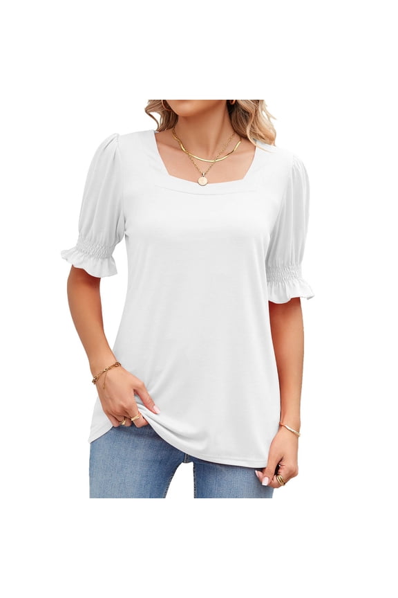 Women Puff Short Sleeve Tops Stylish Casual Loose Shirred Cuff Women Quadrate Neck Summer Shirts for Daily Work Party White XXL