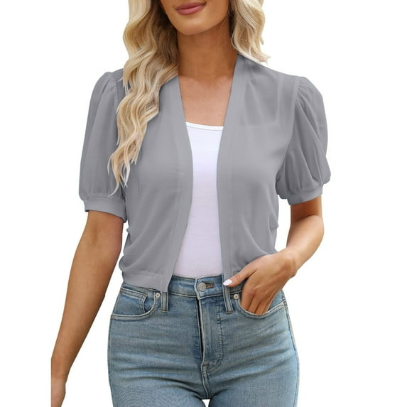 Women Puff Sleeve Bolero Open Front Summer Cropped Sheer Jackets Cardigan Sun Shirt Sun Protection Shirts for Women