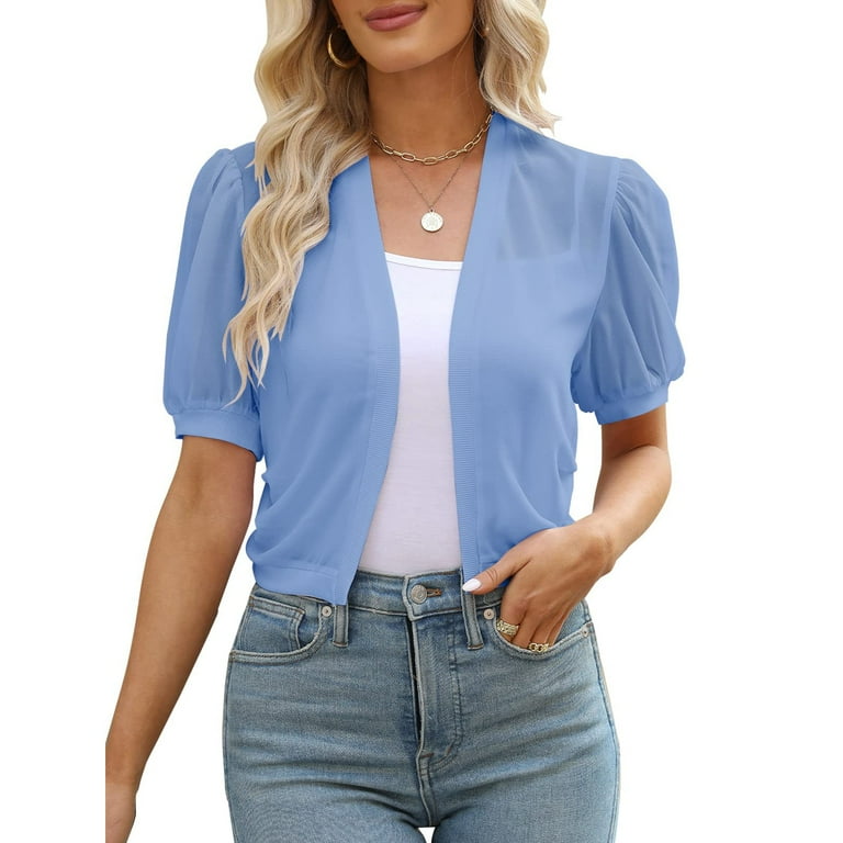 Women Puff Sleeve Bolero Open Front Summer Cropped Sheer Jackets