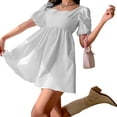 thumbnail image 1 of Women Puff Sleeve Dress Backless Square Collar Mini Dress Solid Color A-Line Short Dress Kawaii Bandage Streetwear, 1 of 7