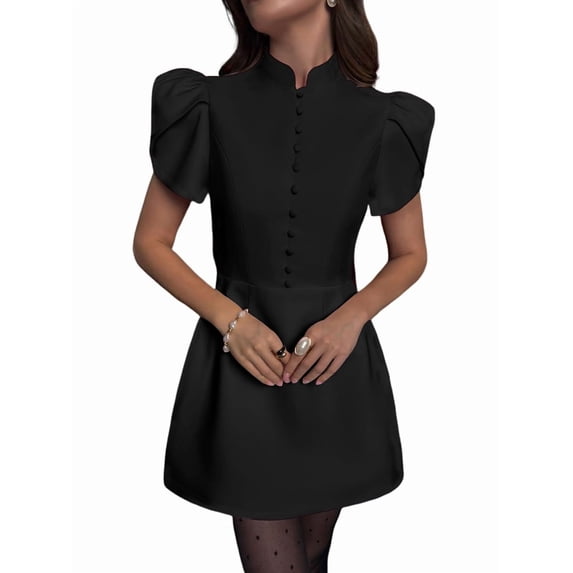 Women Puff Sleeve Mini A-Line Dress Stand Collar Button High Waist Dresses Black S