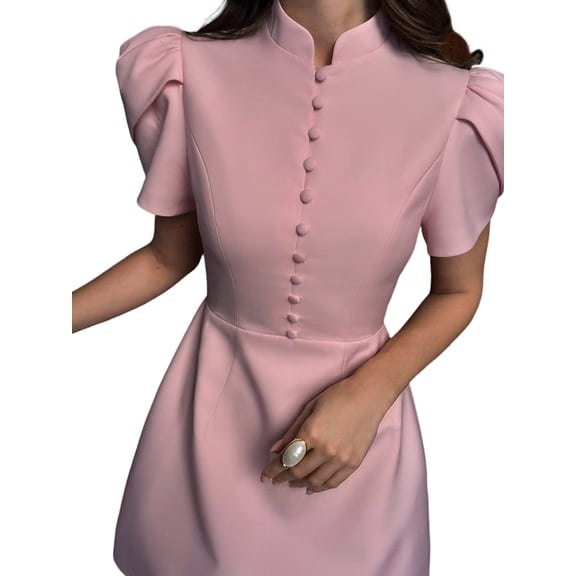Women Puff Sleeve Mini A-Line Dress Stand Collar Button High Waist Dresses Pink S