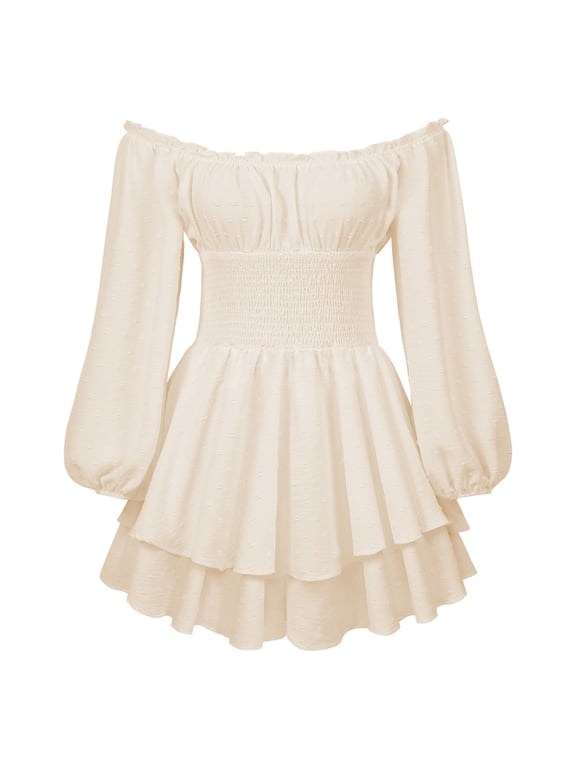 Women Puff Sleeve Off Shoulder Ruffle Romper Dress Flowy Layered A-Line Pirate Jumpsuit Playsuits